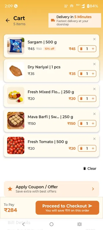Grocery delivery app cart screen
