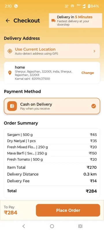 Grocery delivery app checkout screen